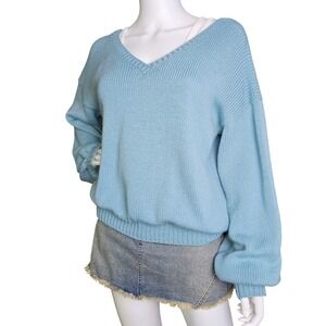 Handmade Knit Sky Blue Oversized Sweater | Cozy V-Neck‎ Pullover